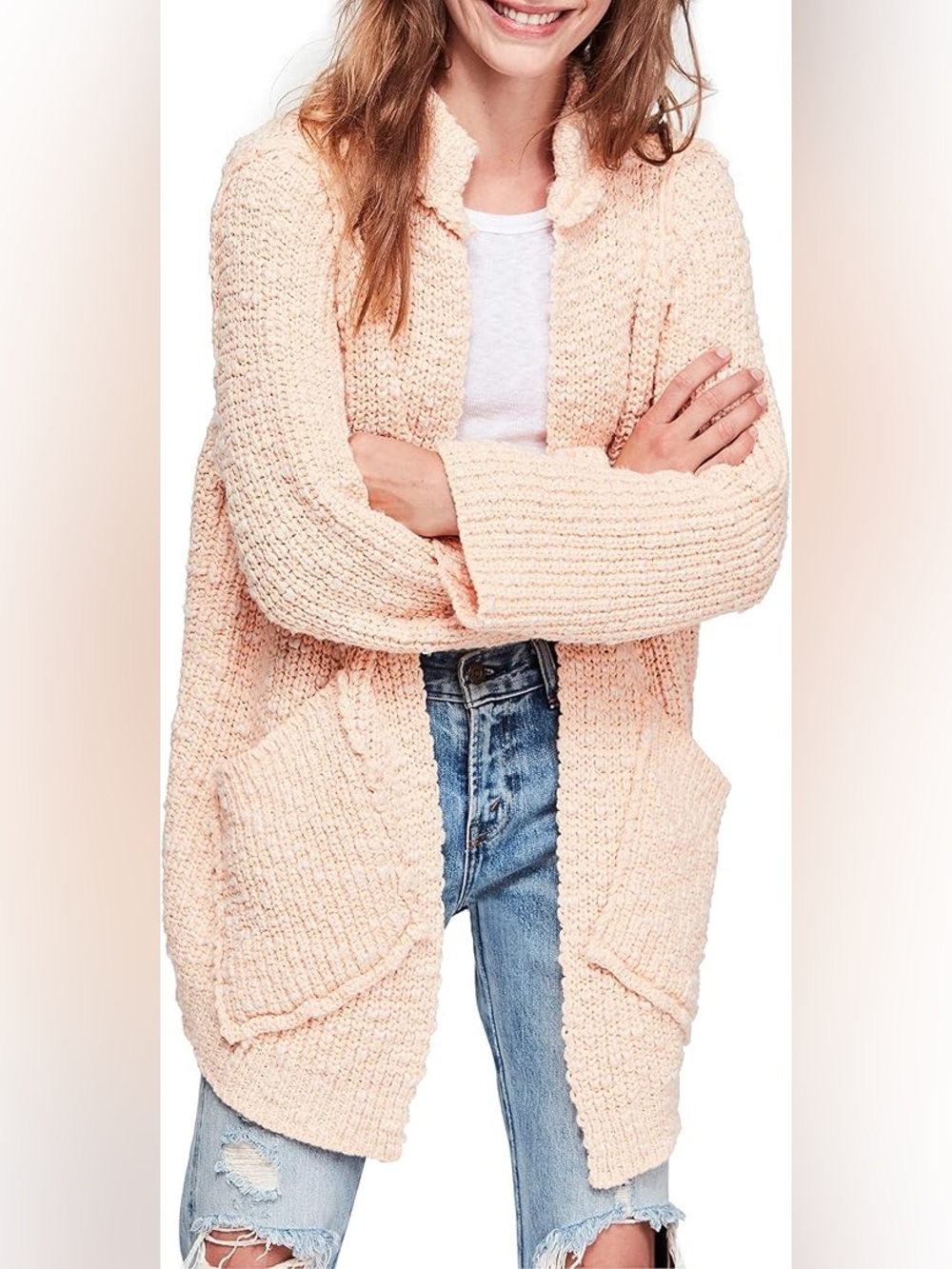 Free People Waterfront Chunky Open-Front Cardigan with Collar